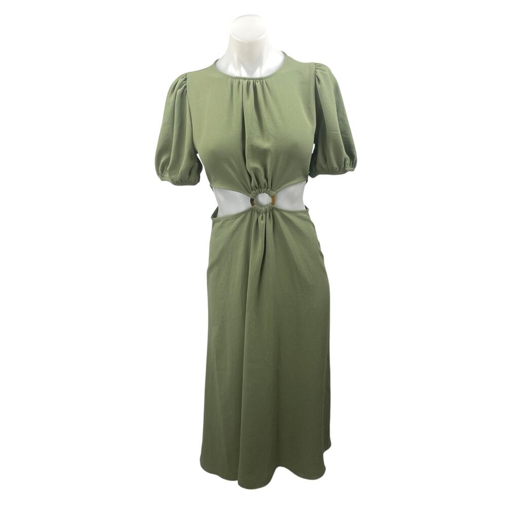 Zara Green Short Puff Sleeve Cutout Waist Crew Neck Maxi A Line Dress Size XS